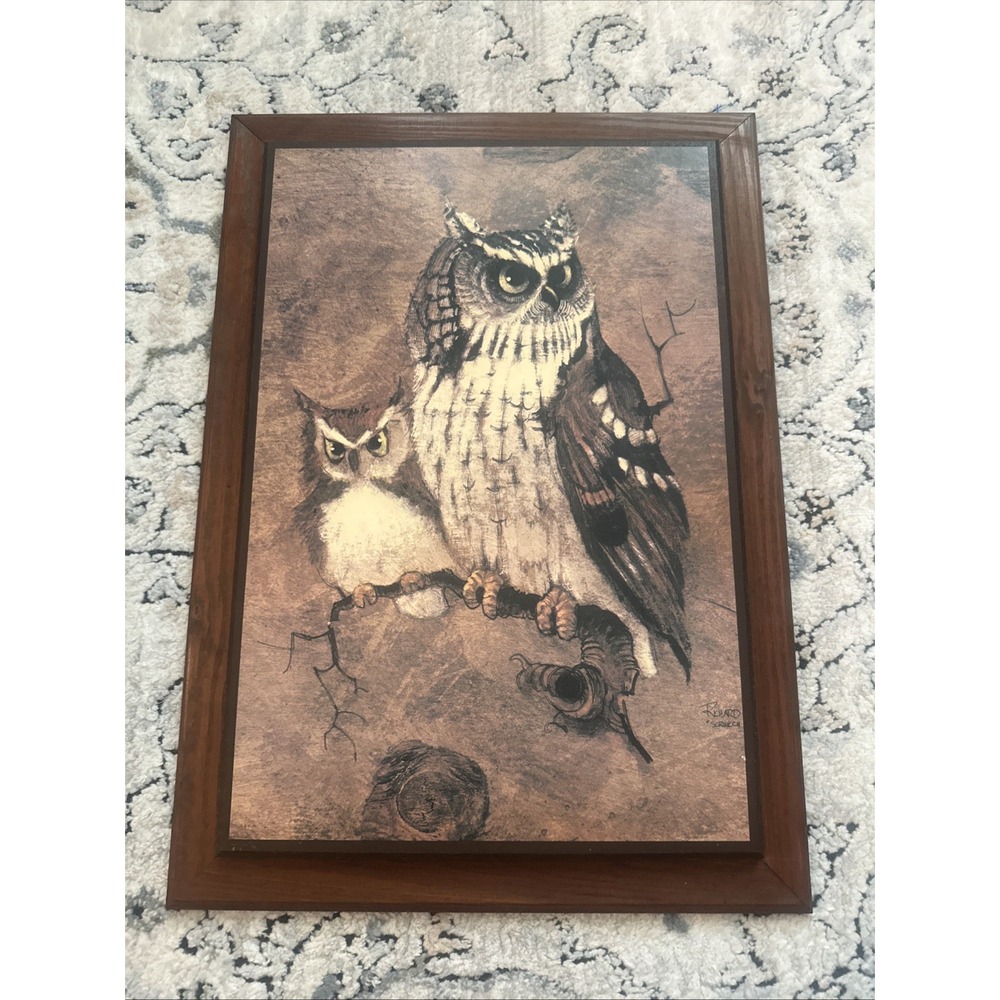 Vintage Richard Hinger Screech Vintage Owl Wood Framed Picture Print Wall Art